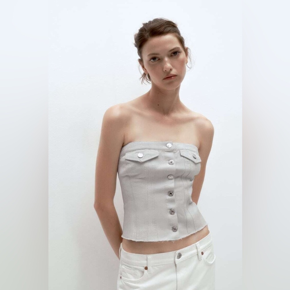 NWT ZARA Metallic Silver Denim Cotton Button Front Crop Corset Top XL 6929/202